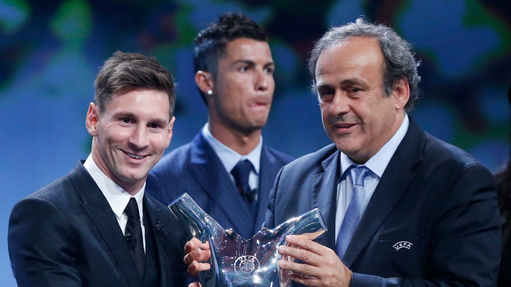 Lionel Messi, Cristiano Ronaldo és Michel Platini - Fotó: EPA/Guillaume Horcajuelo