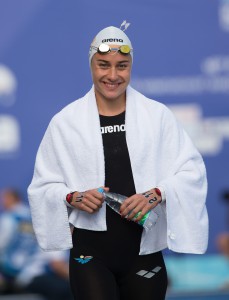 Kazany, 2015. augusztus 1. Olasz Anna a nõi nyíltvízi úszók 25 kilométeres versenyének rajtja elõtt a kazanyi vizes világbajnokságon 2015. augusztus 1-jén. A magyar úszónõ a második helyen végzett. MTI Fotó: Kovács Anikó