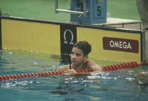 Hungarian swimming champion Krisztina Egerszegi wins the gold medal in the women's 200 metre backstroke at the Summer Olympics in Seoul, South Korea, 25th September 1988. (Photo by Bob Thomas/Getty Images)