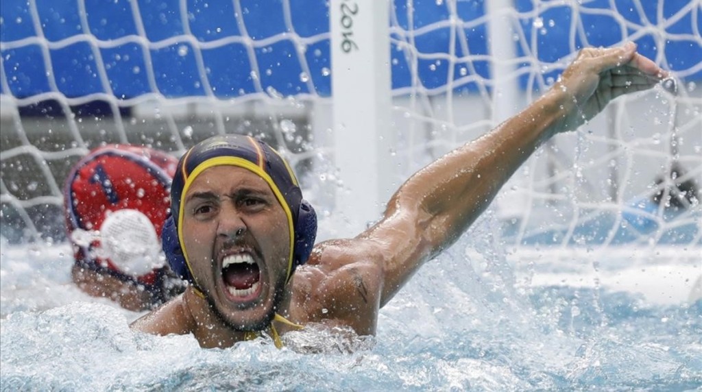 Spain s Gonzalo Echenique Saglietti reacts after scored against United States during their men s water polo preliminary round match at the 2016 Summer Olympics in Rio de Janeiro Brazil Monday Aug 8 2016 AP Photo Sergei Grits