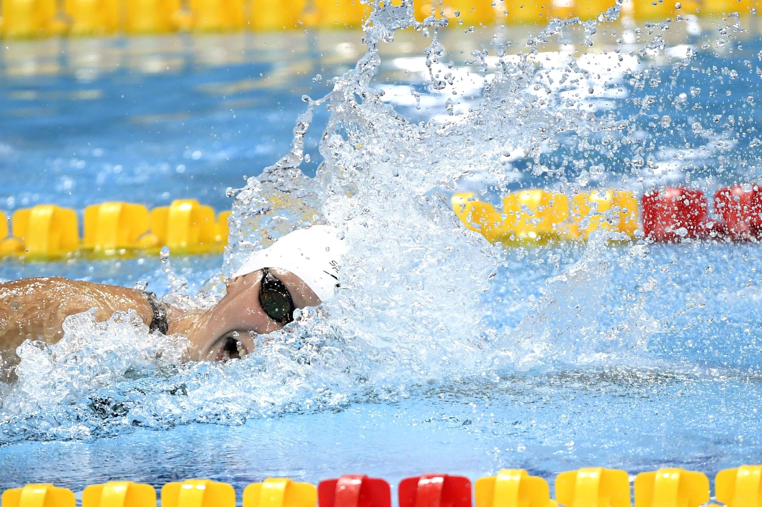 Budapest, 2017. július 23. Az amerikai Katie Ledecky a nõi 400 méteres gyorsúszás elõfutamában a 17. vizes világbajnokságon a Duna Arénában 2017. július 23-án. MTI Fotó: Illyés Tibor