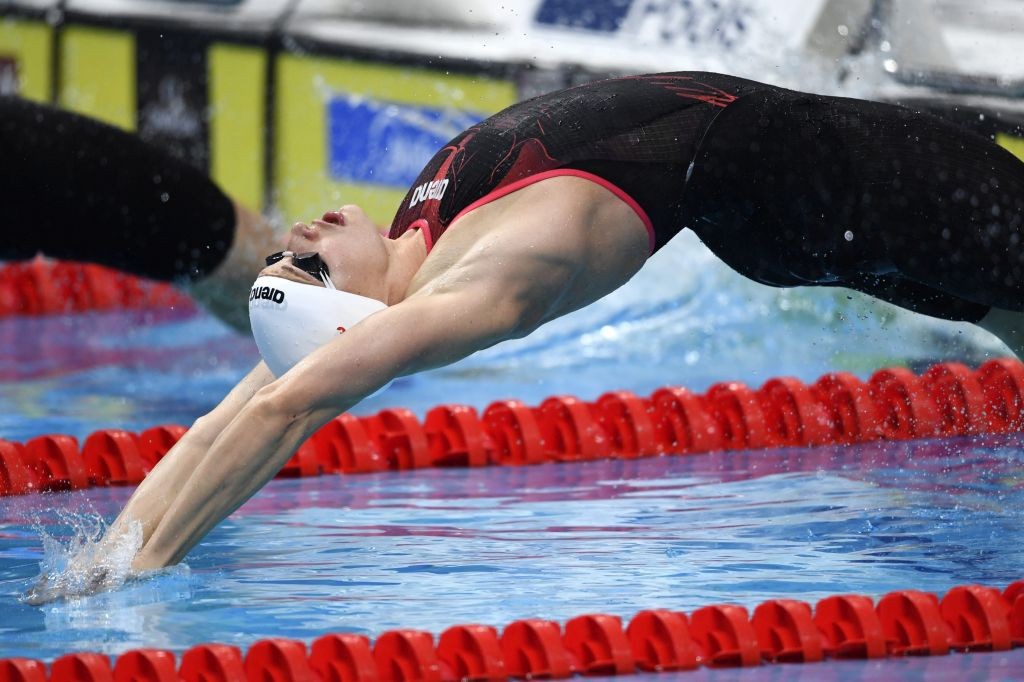 Budapest, 2017. július 24. Hosszú Katinka rajtol a nõi 100 méteres hátúszás elõfutamában a 17. vizes világbajnokságon a Duna Arénában 2017. július 24-én. MTI Fotó: Illyés Tibor