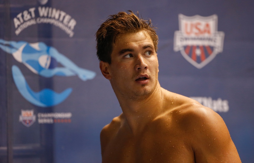 FEDERAL WAY, WA - DECEMBER 03: Nathan Adrian looks at the results after swimming the 50 Meter Freestyle preliminary race during the AT&T Winter National Championships at the Weyerhaeuser King County Aquatic Center on December 3, 2015 in Federal Way, Washington. (Photo by Otto Greule Jr/Getty Images)